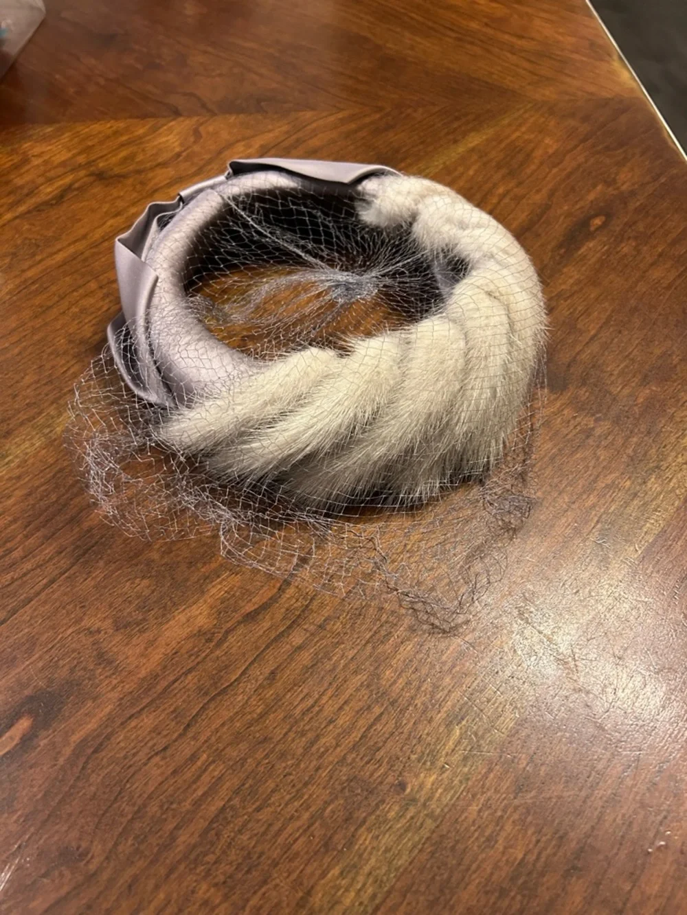 Vintage Ivory Braided Fur Headband with Gray Satin Knot and Veil - Picture 3 of 5